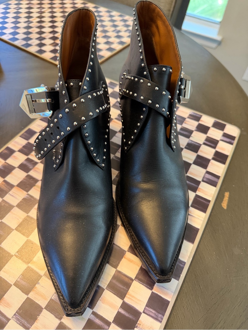 Black Studded Pointed Toe women’s Leather Ankle Boots